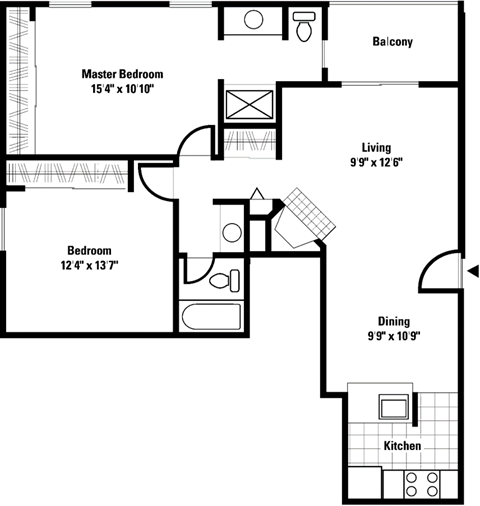 Floor plan for 2 beds, 2 baths, 932 sqft